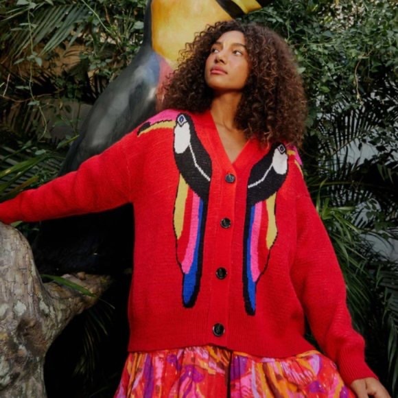 FARM Rio Oversized Toucan Cardigan in Red Multi - Picture 5 of 6